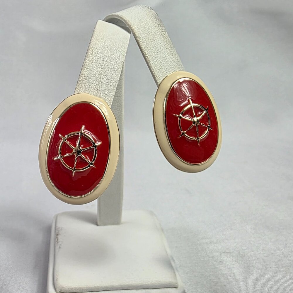 Vintage Red & Ivory Enamel Ovel Pierced Earrings Gold Nautical Wheel
